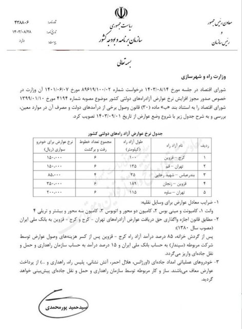 افزایش نرخ عوارض آزادراهی